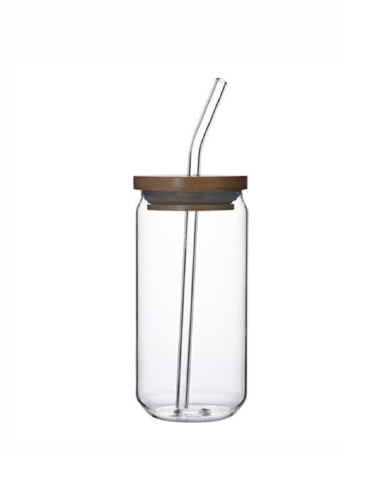 Round Shape Plain Glass Sipper with Wooden Lid & Glass Straw 500 Ml