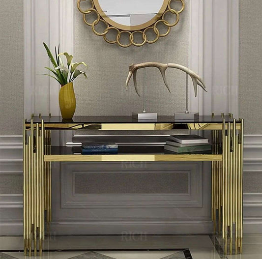 Luxury Entryway Table Gold Legs Rectangle Narrow Glass Console Table SF Traders