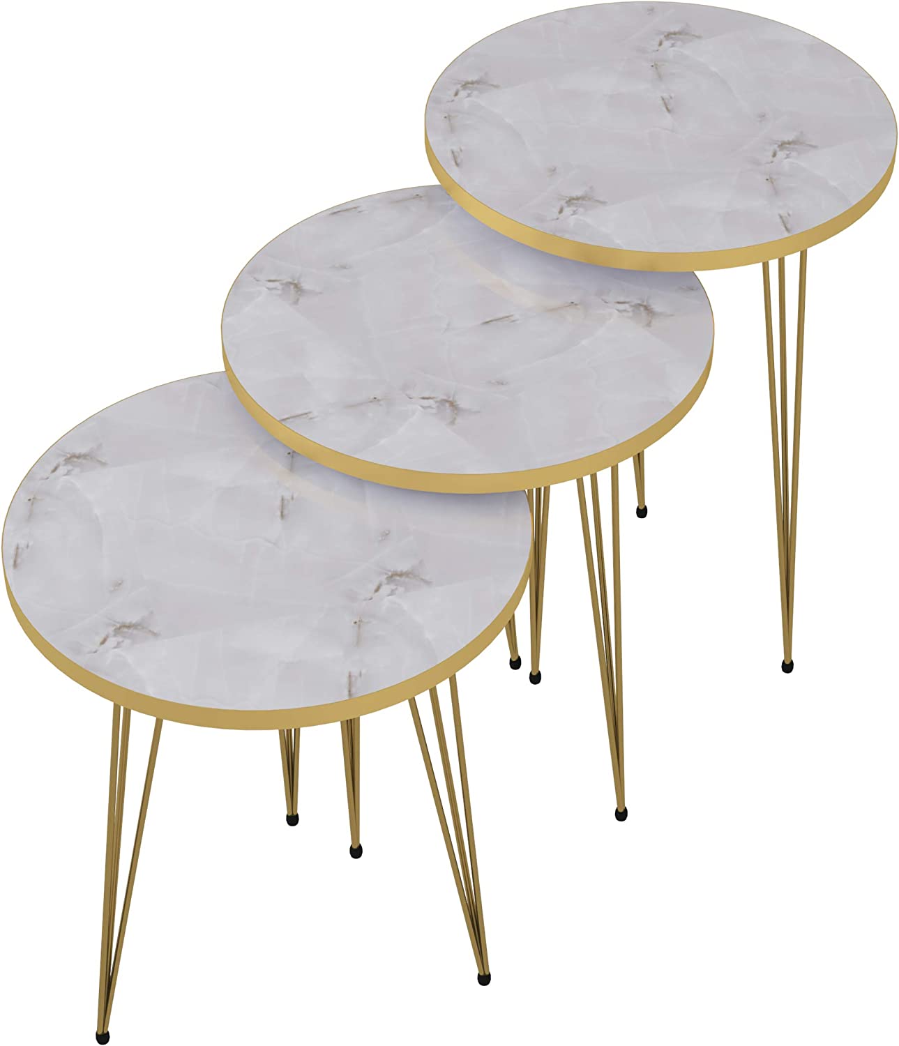 Set of 3 Round table HIGH Gloss Nesting End Tables - Round Wood Stacking Coffee Side Accent Tables with Metal Legs for Living Room, Home Office, Nightstands for Bedroom, Sturdy Easy Assembly, White/Gold - 3 Piece Modern Nesting Table Living Room SF Traders