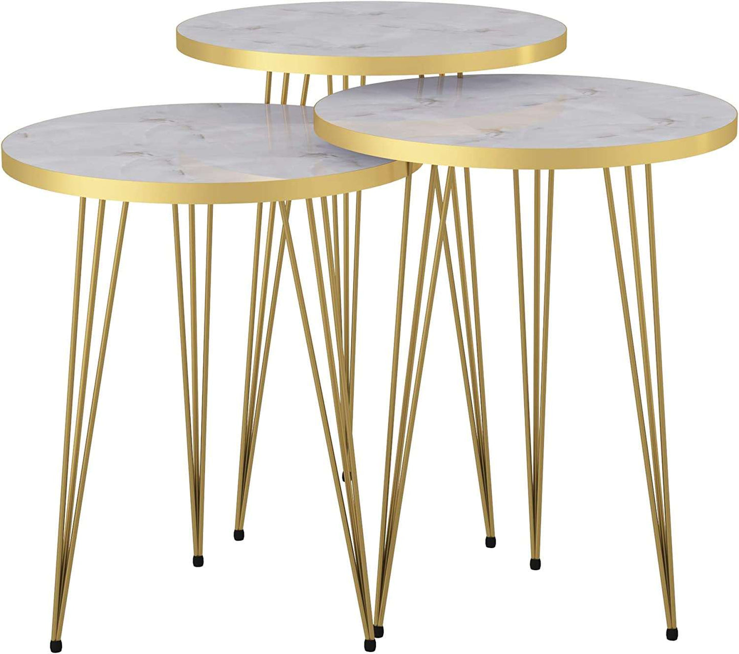 Set of 3 Round table HIGH Gloss Nesting End Tables - Round Wood Stacking Coffee Side Accent Tables with Metal Legs for Living Room, Home Office, Nightstands for Bedroom, Sturdy Easy Assembly, White/Gold - 3 Piece Modern Nesting Table Living Room SF Traders