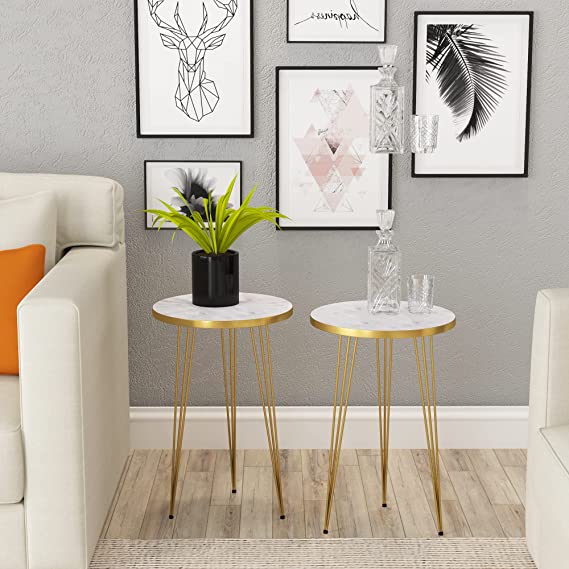 Set of 3 Round table HIGH Gloss Nesting End Tables - Round Wood Stacking Coffee Side Accent Tables with Metal Legs for Living Room, Home Office, Nightstands for Bedroom, Sturdy Easy Assembly, White/Gold - 3 Piece Modern Nesting Table Living Room SF Traders