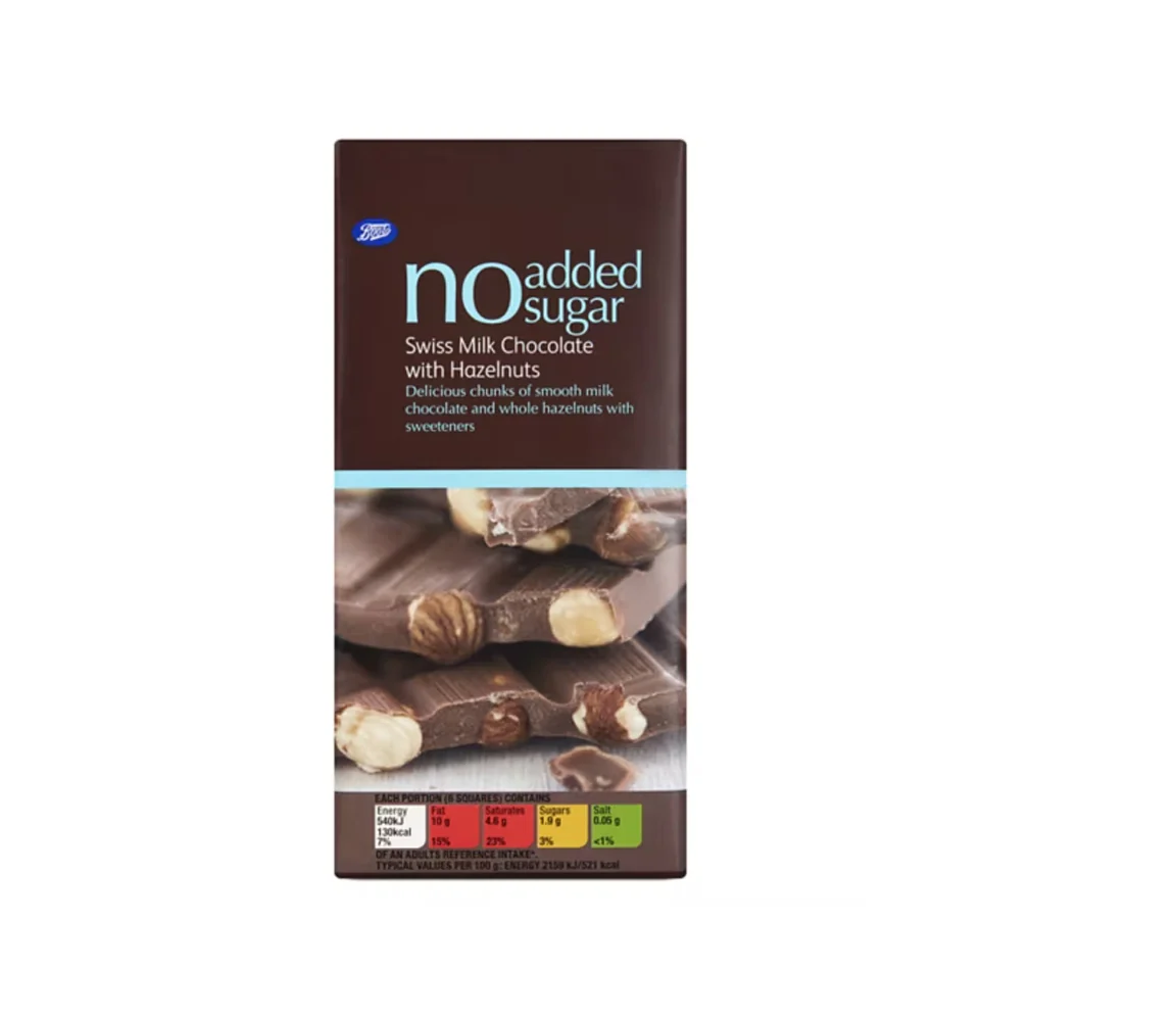 Boots No Added Sugar Swiss Milk Chocolate With Hazelnuts 100g