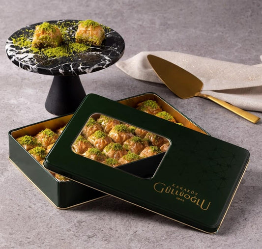 Karakoy Gulluoglu Dry Baklava with Pistachios in Metal Box 500 gm